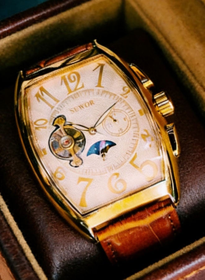 SEWOR Watches for Men Men Mechanical Watch Barrel Shaped Skeleton Design Leather Strap Waterproof Stylish and Trendy Men Watch High Appearance Value Cool and Popular Men Watch Best Choice - Image 4